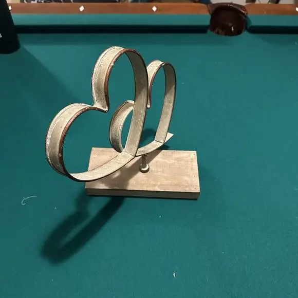 Rustic Metal Double Heart Sculpture on Wood Base 13” Farmhouse Tabletop Decor - Picture 4 of 7